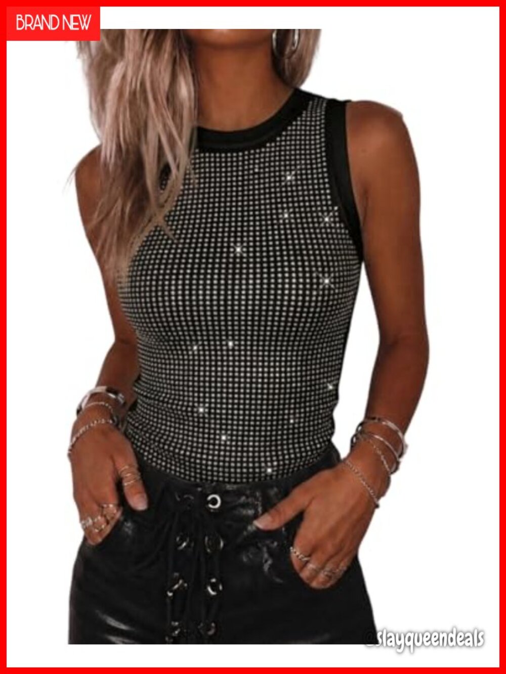 Rhinestone Ribbed Tank Top Sparkly Sleeveless Going Out Top